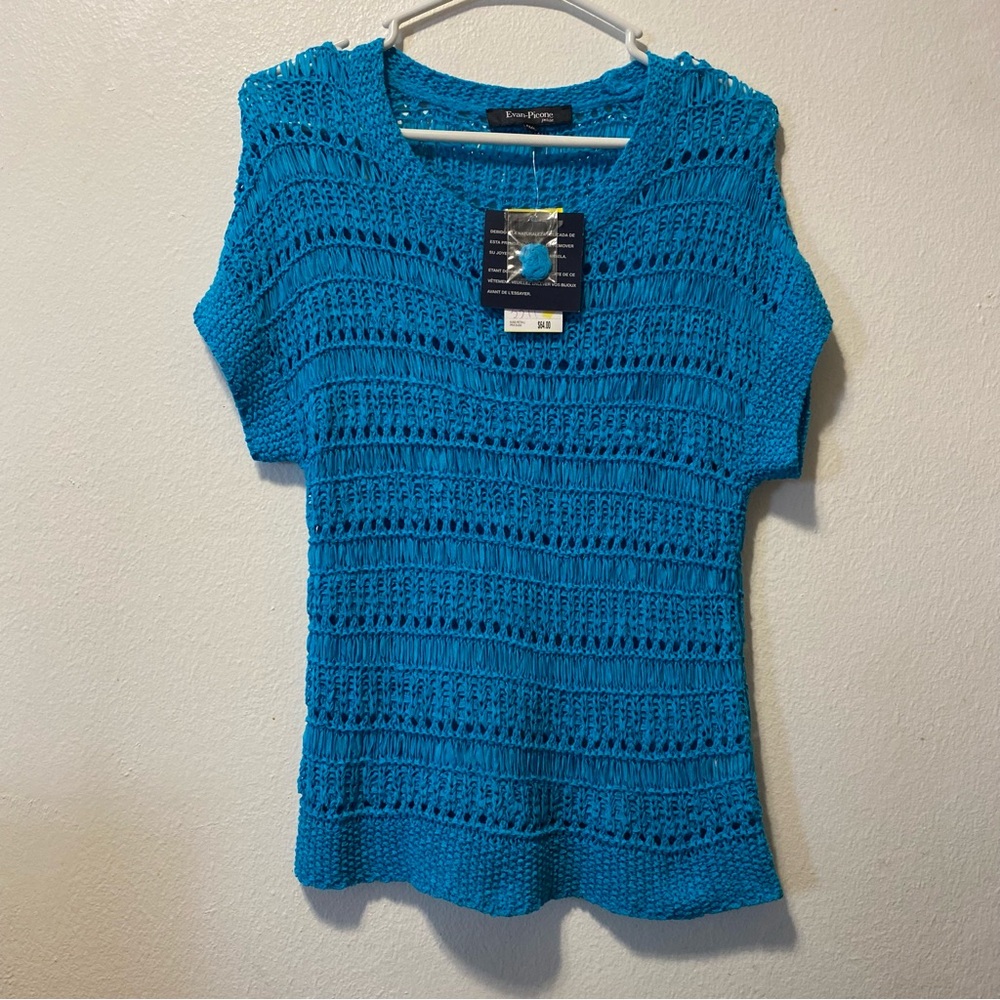 Evan Picone Vibrant Blue Textured Top Petites‎ Short Sleeve Sweater Pullover New - Picture 2 of 11